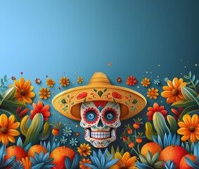 Cinco de mayo mexican fiesta. Sombrero hat, cactus and flowers background