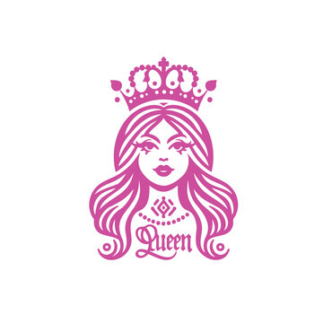 Pink and White Illustration of Queen with Crown