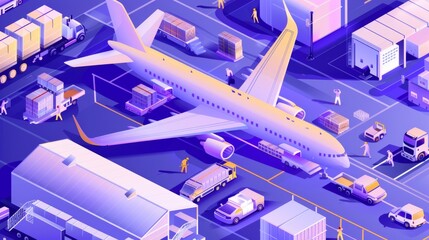 Global freight shipping and air cargo logistics banner. Modern landing page with isometric illustration of planes, warehouses, and workers.