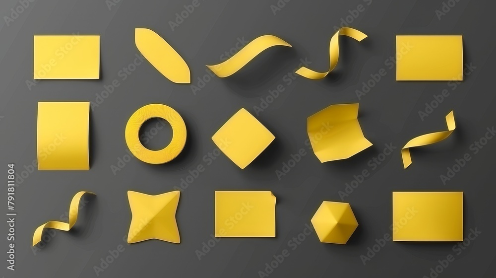 Poster an isolated yellow sticker mockup with shadows and curly edges. tags, sticky notes, and an empty env
