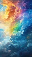 Fototapeta na wymiar Craft an oil painting close-up of a rainbow breaking through dense clouds, showcasing vibrant colors blending seamlessly, capturing the fleeting moment of calm after a storm