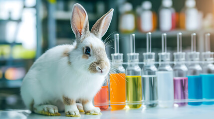 White rabbit in scientific lab experiment, Research on chemicals and test them on animals, A rabbit for experiment in laboratory
 - obrazy, fototapety, plakaty