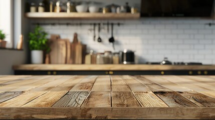Fototapeta na wymiar Wooden tabletop against blurred kitchen background for product mockups and display montages on scandinavian style