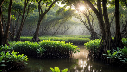Early morning light filters through the dense green leaves of a mangrove forest, highlighting the...