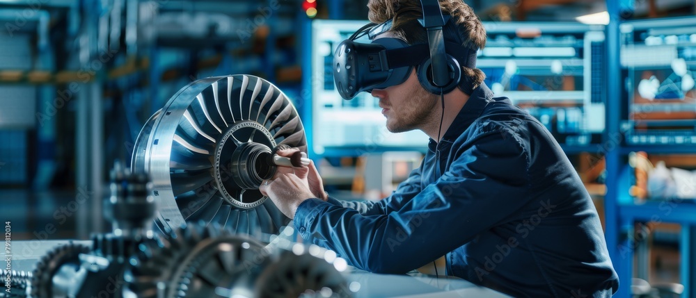 Poster futuristic design for virtual mixed reality application featuring factory chief engineer wearing vr 