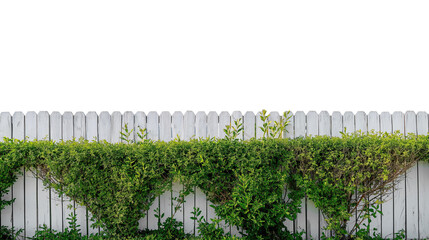 White Picket Fence with Overgrown Green Bushes on Transparent Background