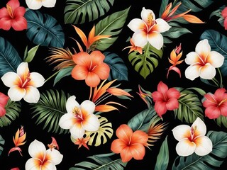 seamless tropical floral pattern on black background - 791812009