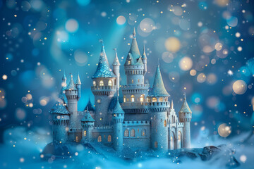 magical photograph showcasing a whimsical 3D fairy tale castle adorned with turrets and sparkly accents, against a blue background evoking a sense of enchantment and wonder, inviti