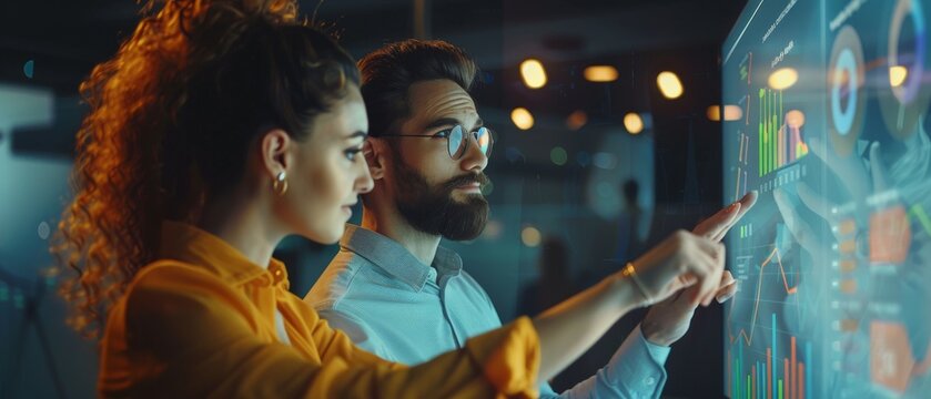 In the stylish creative office, a female developer and a male statistician monitor charts, graphs, and growth statistics with interactive whiteboard presentations.