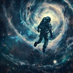 Fototapeta premium Solitary Astronaut Exploring Mesmerizing Cosmic Realm of Swirling Nebulae and Glittering Stars