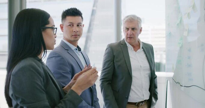 Sticky note, team or business people planning strategy, schedule or discussion. Group, brainstorming idea or meeting on whiteboard, corporate consultant in collaboration or problem solving in office