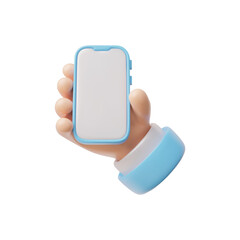Hand holding mobile smartphone with white screen 3D vector, arm with blue sleeve hold gadget with empty display mock up