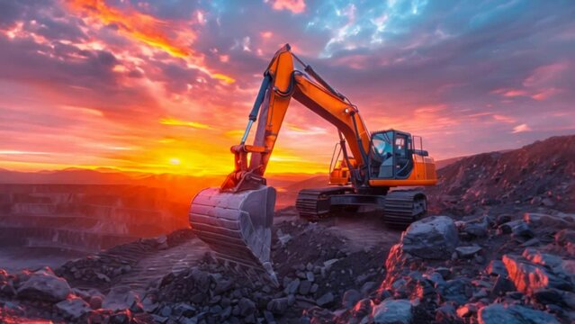 A Large dragline excavator in quarry on sunset sky with cloud background.