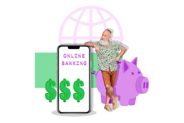 Creative abstract template collage of saving piggy old businessman display device earning money...