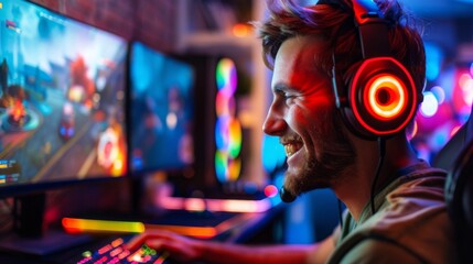 Fototapeta premium Side profile of male pro gamer in joyful triumph, glowing LED headphones highlighting gaming success, Concept of digital victory, online gaming passion, and esports entertainment.