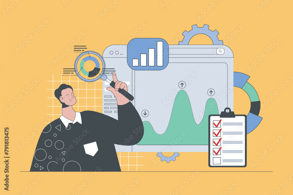 Leinwandbilder data analysis concept in modern flat design for web. man making research with diagram and charts, mo