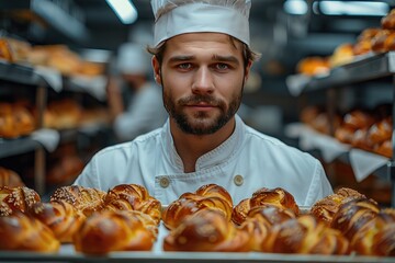 Attractive Baker in white uniform holding a tray with freshly baked bagels on the background of a bread factory or bakery.  chef holding baking tray with buns