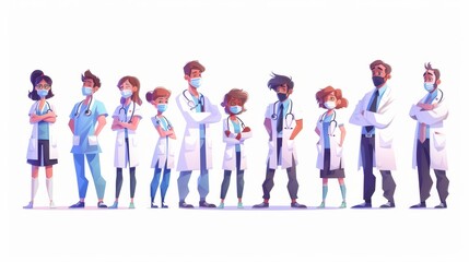 People in white coats, specialists in medicine, physicians, surgeons and dentists wearing masks. Hospital or clinic medical staff in professional uniforms.