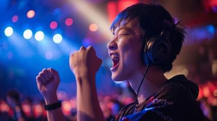 Joyful female gamer with microphone celebrating a win in a vibrant gaming room, expression of pure elation, Concept of competitive gaming, streaming success, and interactive entertainment.