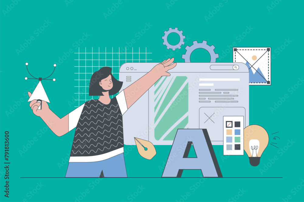 Leinwandbilder web designing concept in modern flat design. woman creating new interface layout, editing wireframe 