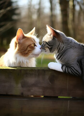 Two cats are nuzzling each other on a wooden fence - 791813608