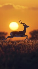 An impala in full stride crosses the savanna, its streamlined body perfectly spotlighted by the warm glow of the setting sun - obrazy, fototapety, plakaty