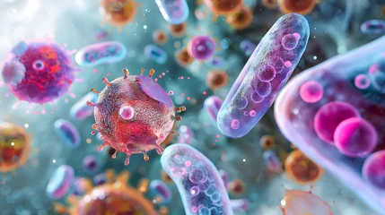 Fotobehang Science and medical microbiology illustration, microscopic of microorganism cells and bacteria, Immunity, Metabolism. Medical concept © Anthichada