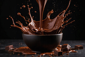 Chocolate splash in a bowl ai generated. Chocolate waves and drops with chocolate bar pieces on dark background. Generative AI