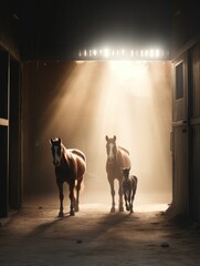 A horse and a foal in a barn, surrounded by darkness and shadows