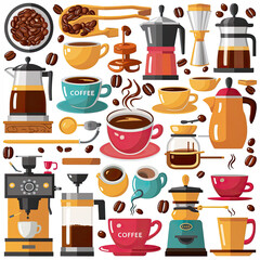 Set of coffee elements and coffee accessories vector