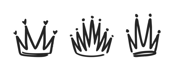 Doodle Crowns, Comical Hand-drawn Diadems, Tiaras, And Regal Headpieces. Monochrome Vector Sketchy Elements © Pavlo Syvak