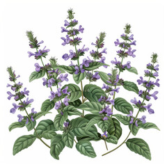 Detailed botanical illustration of a sage plant with purple flowers and green leaves.