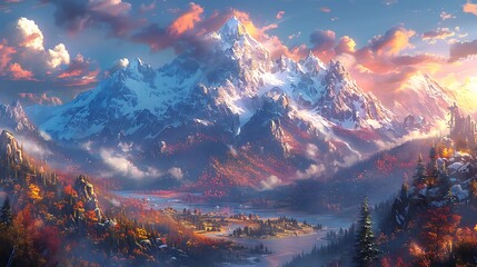 Behold the majestic splendor of a snow-capped mountain range, where peaks pierce the sky like the spires of a grand cathedral. .