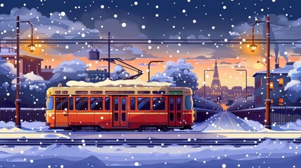 Winter retro city street with a tram riding through the snow
