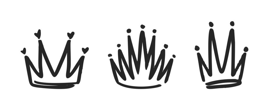 Doodle Crowns, Comical Hand-drawn Diadems, Tiaras, And Regal Headpieces. Monochrome Vector Sketchy Elements