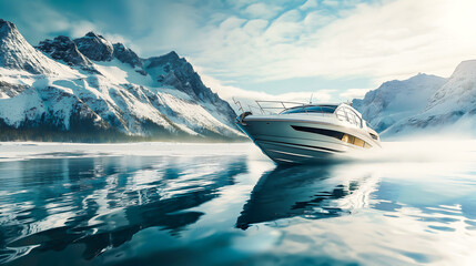 High speed motor boat on a lake and ice mountain landscape on the background. Luxury rigid inflatable speed boat cruising in high speed - obrazy, fototapety, plakaty