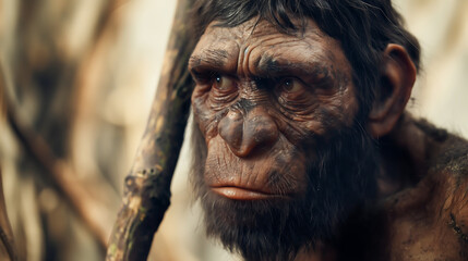 An extinct species of an early human, primitive man, early human existence, tools, culture, and survival in the ancient epochs of our evolutionary past - obrazy, fototapety, plakaty