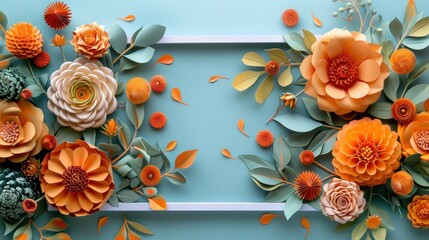 The celebration of autumn can be summed up by a white paper frame filled with colorful paper pumpkins, flowers, and leaves.