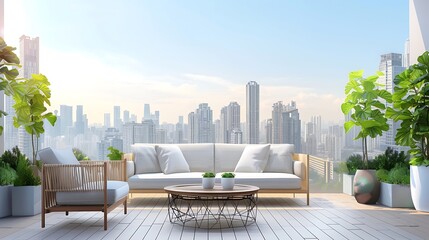 apartment condominium interior design living room and balcony terrace with background of urban city...