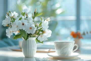 Obraz na płótnie Canvas Modern luxury summer holiday or vacation beach house dinning room interior. Close up of a white flower vase and out of focus breakfast coffee set on the table