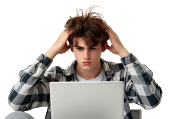 young man sits in front of a laptop with her hand on her head in a gesture of frustration isolated on a transparent background