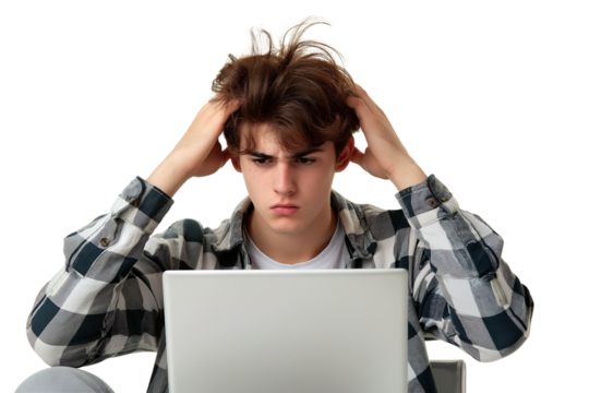 young man sits in front of a laptop with her hand on her head in a gesture of frustration isolated on a transparent background