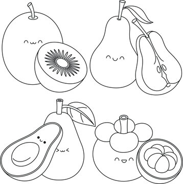 Set of Cute Kawaii Fruit Kiwi, Pear, Avocado, Mangosteen Cartoon Character Isolated Vector Illustration Coloring Page Hand Drawn for Kids