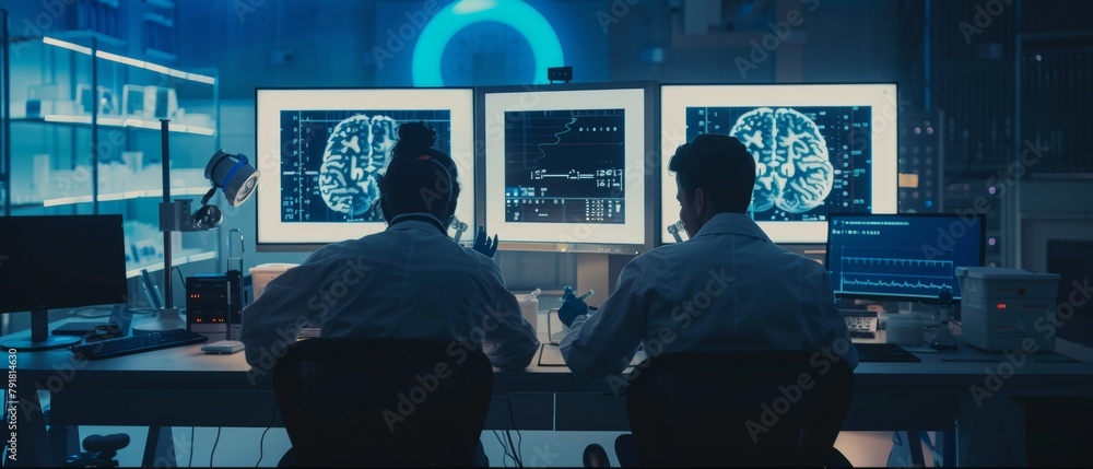Poster in the brain research laboratory, two scientists are working on a project titled using mri scans to 