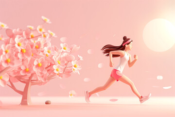 3d female runner isolated on pink background. Marathon athlete. Cherry blossom tree. Horizontal layout