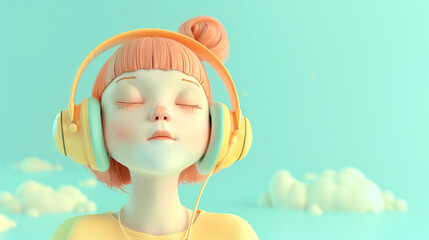 3d girl with red hair in headphones listening to the music. Streaming audio services. Blue background with clouds
