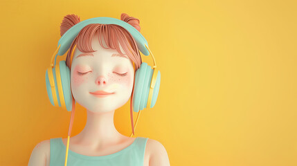 Smiling 3d girl with red hair in headphones listening to the music. Streaming audio services. Yellow background