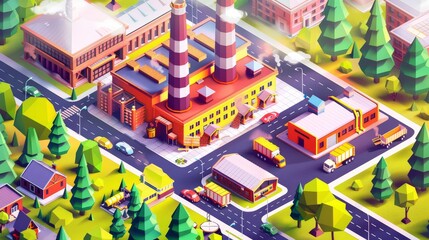 The factory banner contains an isometric rendering of the exterior of a modern industry building, power station or factory. Modern landing page with forklifts, chimney pipes, warehouses and potholes.