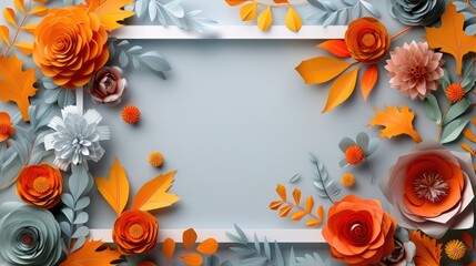 The celebration of autumn can be summed up by a white paper frame filled with colorful paper pumpkins, flowers, and leaves.