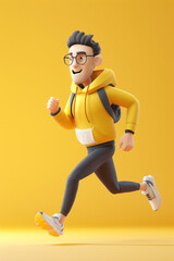 3d male runner in glasses isolated on yellow background. Marathon athlete. Vertical layout